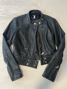 silence + noise Black Faux Leather Moto Jacket with Snap Collar